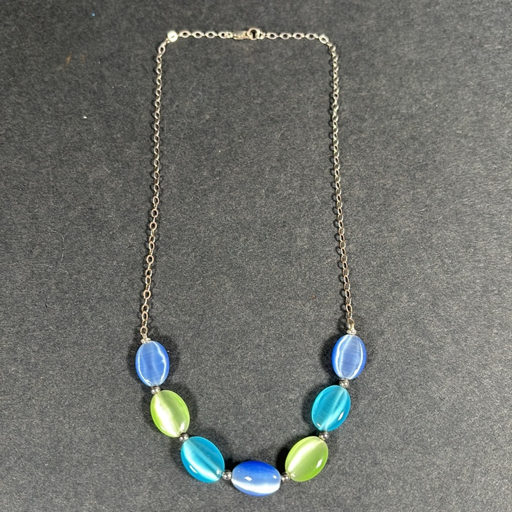Elegant Violet Blue and Green Beaded Necklace with Silver Chain 16”